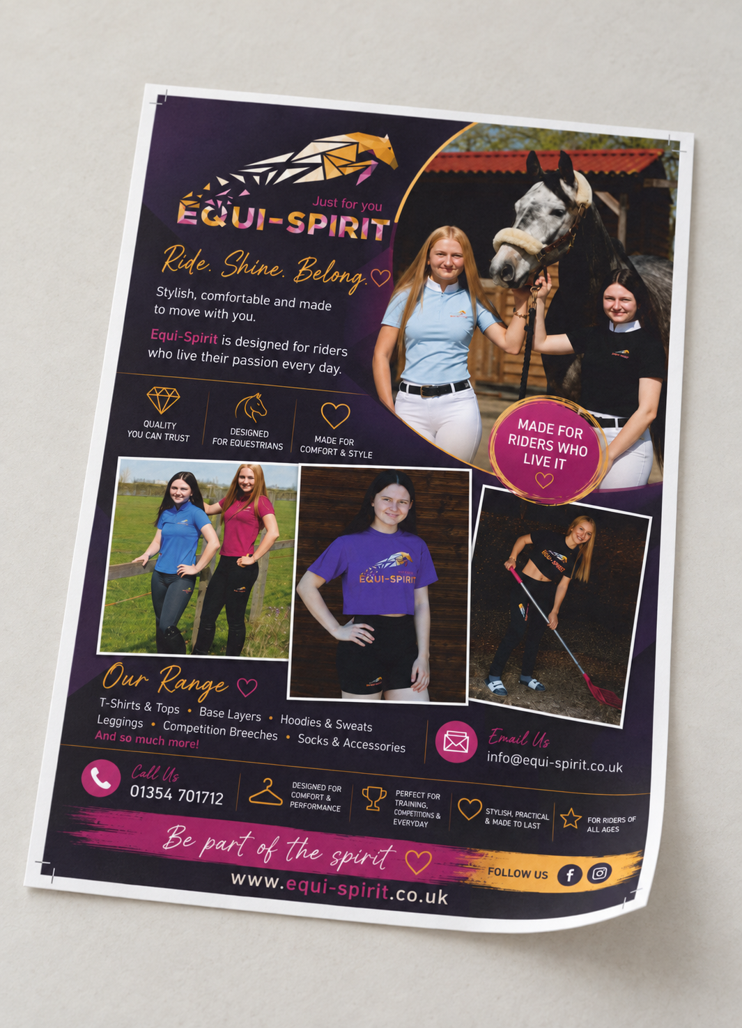 Equi-Spirit flyer lying on a table with a slightly curled corner, showing its white paper border and visible crop marks at all four corners.
